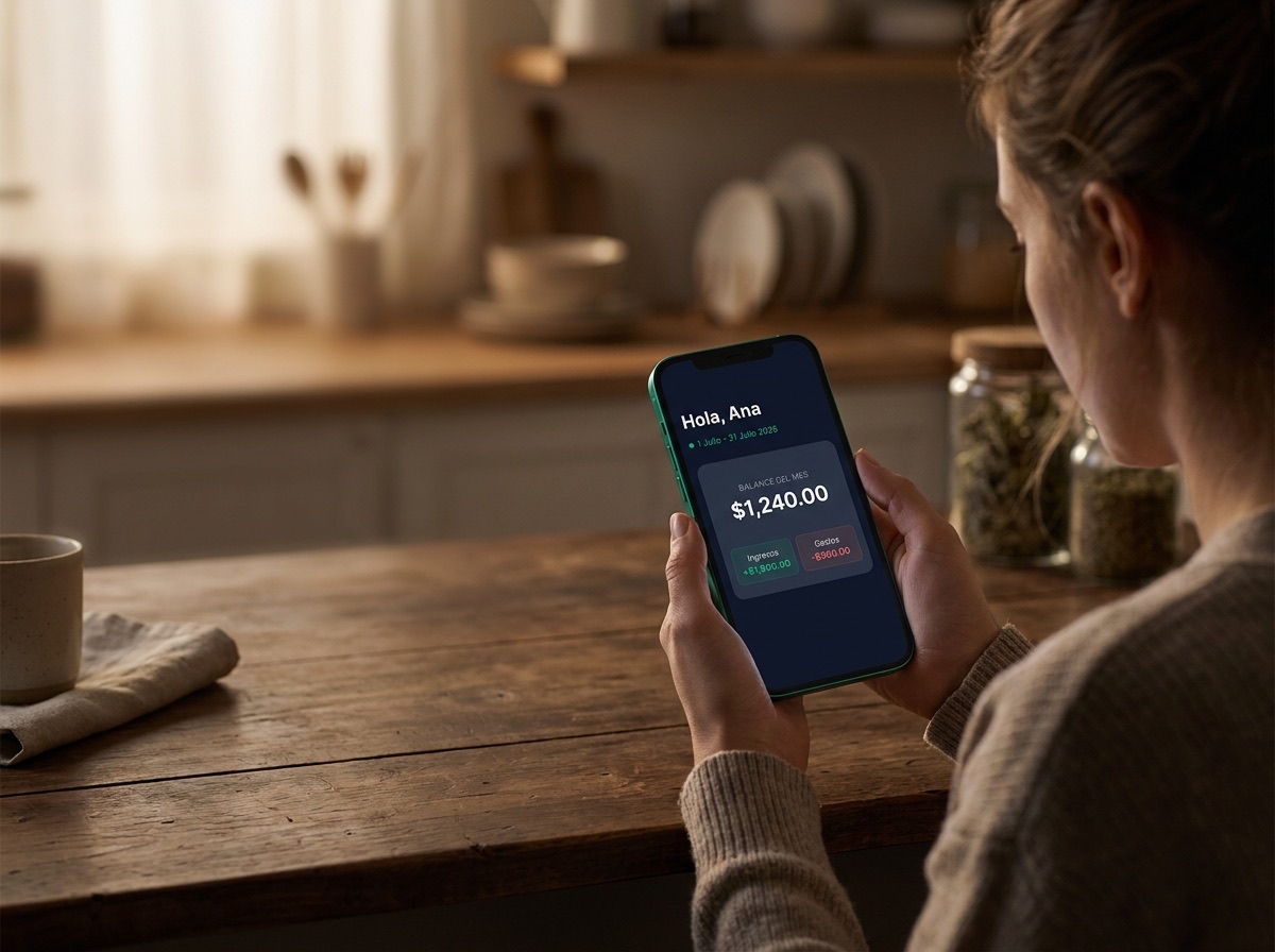 Una persona revisa en su teléfono el balance del mes en GeldTrack: $1,240.00, con sus ingresos y gastos del período.