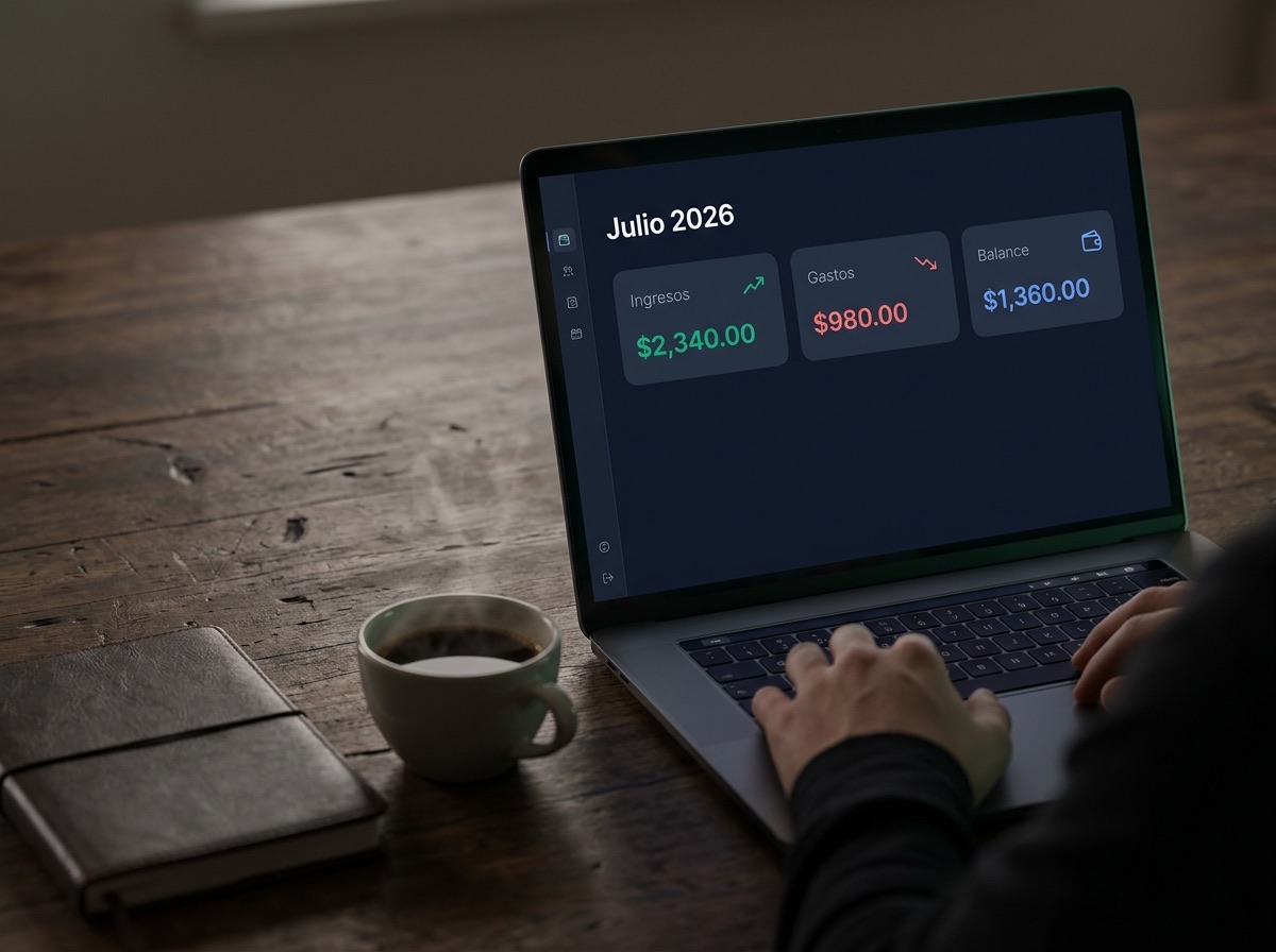 GeldTrack abierto en una laptop, mostrando las tarjetas de ingresos, gastos y balance de un período.